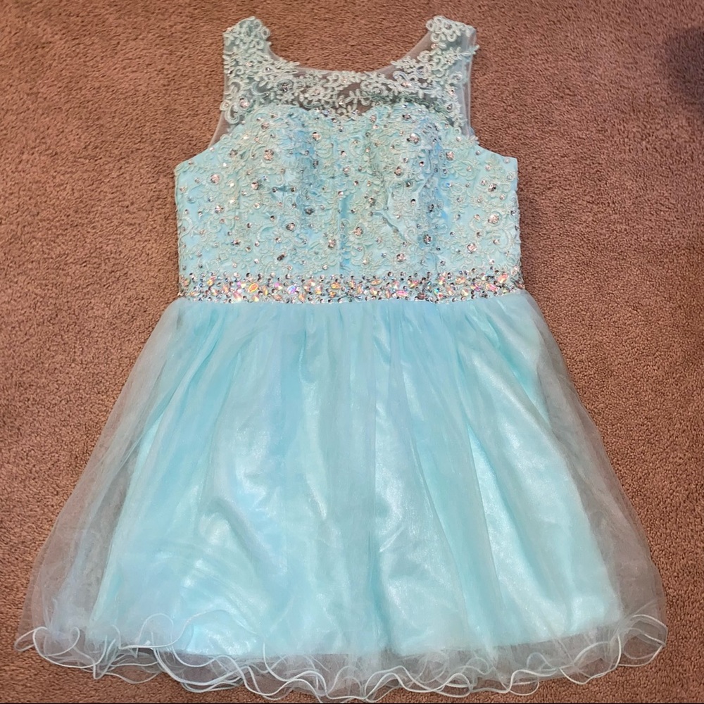 women's blue homecoming dress with sequins & lace